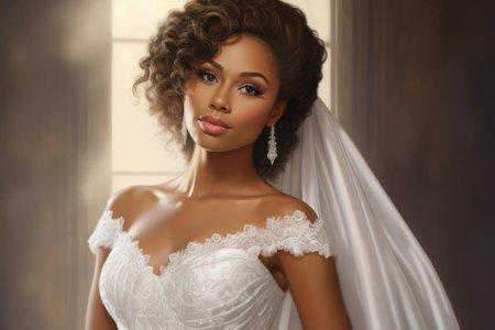 Beautiful young African American bride in a white wedding dress and veilの素材