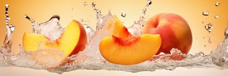 Peach slices in a splash of waterの素材