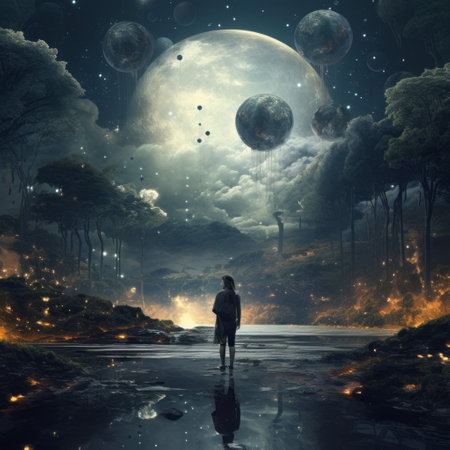 Man looks at an alien extraterrestrial worldの素材