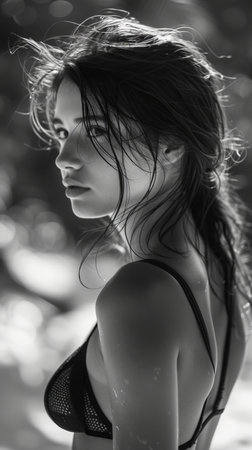 Black and white photo girl on the beach seasideの素材