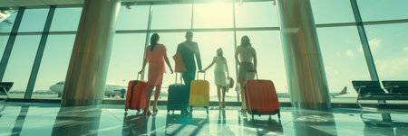 Tourists passengers with suitcases at airportの素材