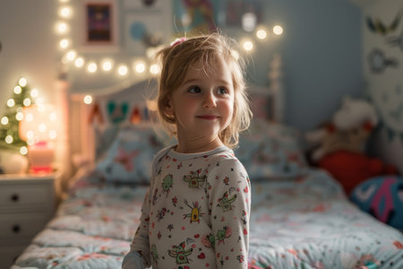 A toddler in pajamas early in the morningの素材