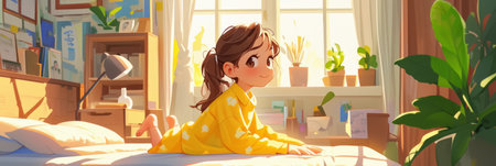 A toddler in pajamas early in the morningの素材