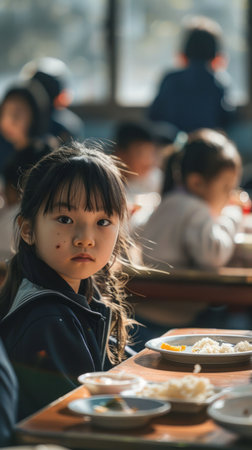 Young girl schoolgirl having lunchの素材