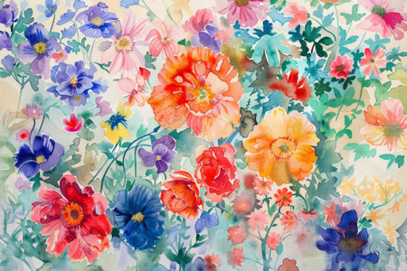 Watercolor illustration of colorful spring flowersの素材