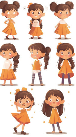 Character illustration of a young girl in different posesの素材