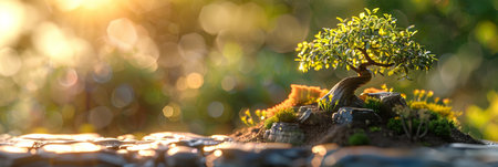 A young tree in the spring in the rays of the rising sunの素材