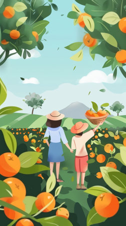 Young couple of gardeners growing orangesの素材