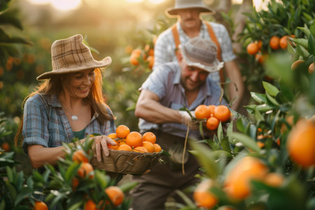 Gardeners among trees with ripe orangesの素材