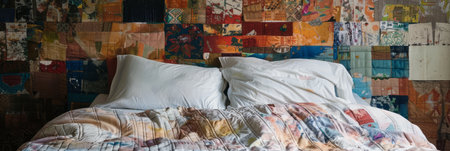 Bedroom with bed with patchwork quiltの素材