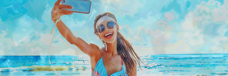 Illustration of a happy young girl taking a selfieの素材