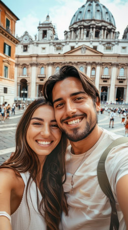 Happy couple taking selfie against the background of a cultural tourist siteの素材