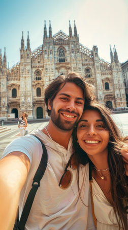Happy couple taking selfie against the background of a cultural tourist siteの素材