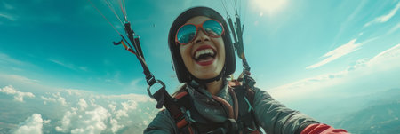 Happy paragliders flying on a paragliderの素材