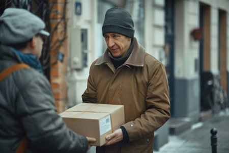 Delivery man hands over a cardboard box to the customerの素材