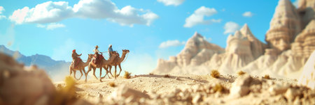 A caravan of camels with riders crosses the sultry desertの素材