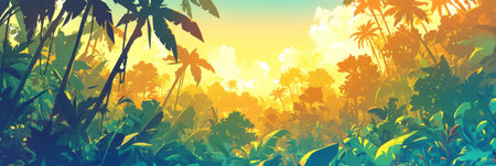 Illustration of a wild tropical jungle in bright colors, the rays of the bright sun penetrateの素材