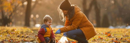 Mom and child collect garbage in the parkの素材