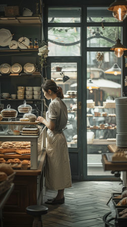 Young girl businesswoman baker in her bakery storeの素材