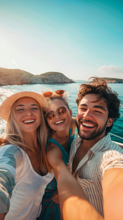 Happy smiling young people taking selfie against sea backgroundの素材