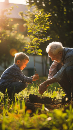 A grandfather with his little grandson is planting a sprout of a green treeの素材