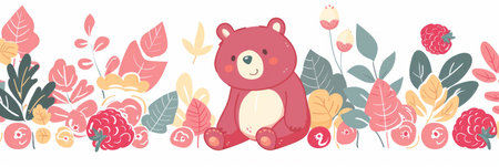 Illustration of a cute bear among flowers and raspberries on a white backgroundの素材