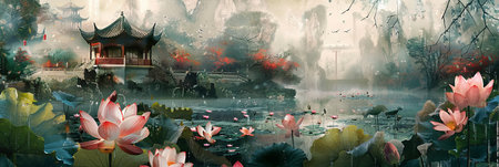 Chinese pavilion near a lake with lotus blooming, classical Chinese paintingの素材