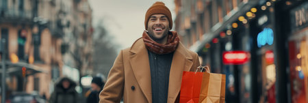 Happy joyful man with shopping bags in his hands on the street, bannerの素材