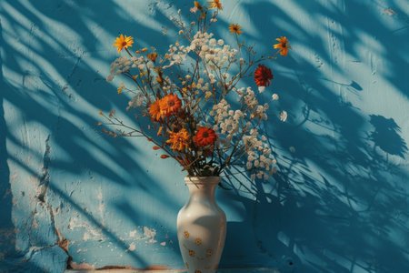 Ceramic vase with a bouquet of flowers against a background of a blue wall in the rays of the sunの素材