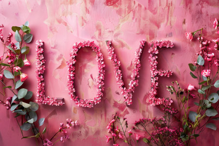 Letters LOVE on a pink and blue background among flowers, Happy Valentines dayの素材
