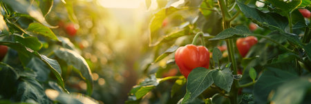 Among the plantation's greenery, red sweet peppers grow abundantly, bannerの素材