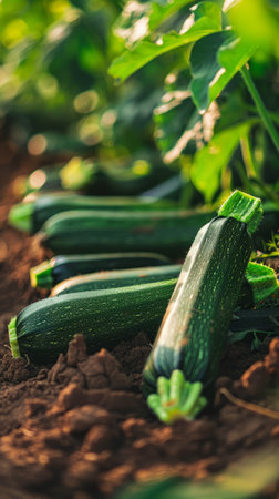 On a flourishing plantation, zucchinis grow abundantly, their fresh, green forms standing out against the rich soilの素材