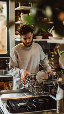 A man carefully fills the dishwasher with dirty dishes, organizing them neatly to ensure a thorough cleanの素材