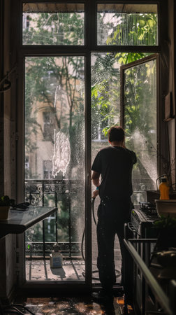 A man diligently washes the windows in his apartment, ensuring they sparkle , contributing to a brighter, cleaner living spaceの素材