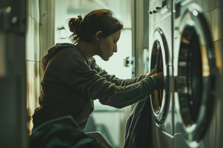 A woman is loading the washing machine with laundry, adding garments methodically, this routine moment highlights the significance of household chores in daily lifeの素材