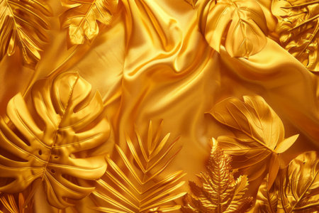 With silk-like textures, tropical gold leaves stand out against a gold canvas, showcasing their exotic allureの素材