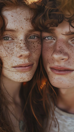 The close-up image of a freckled girl and a guy emphasizes their facial features and expressions, creating an intimate portrayal of their relationshipの素材