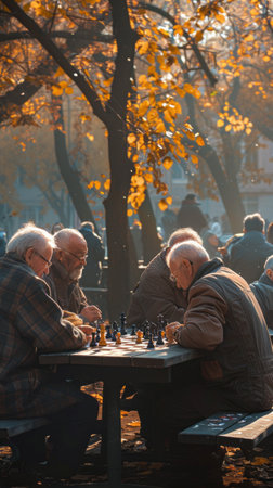 The city park hosts elderly chess players, their concentration evident as they ponder each move, amid the vibrant park atmosphereの素材