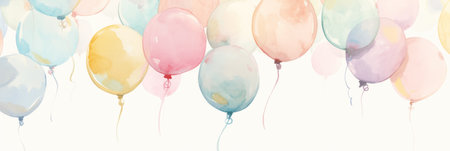 A charming collection of soft-colored balloons hovers against a clean white background, showcasing a delicate and whimsical designの素材