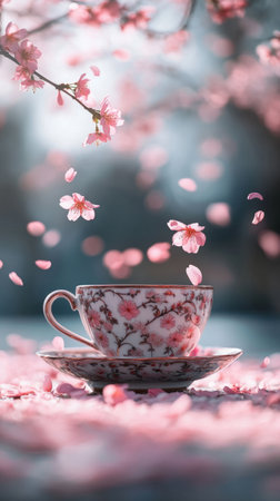 In this enchanting scene, a vintage teacup basks in golden sunlight as Sakura petals cascade gently, highlighting the beauty of spring and delicate floral detailsの素材