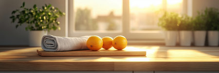 A stylish modern kitchen setup presents an empty mockup with a cutting board and kitchen towel on the table, inviting creativity in culinary design and lifestyleの素材