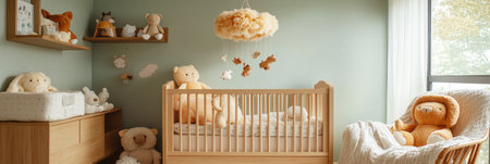 In a cozy kids nursery, pastel colors blend beautifully with a wooden crib, plush toys on display, and a rocking chair, crafting a warm atmosphere for play and relaxationの素材
