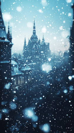 Falling snowflakes fill the air as a distant Gothic castle, snow covered and blurred creates a serene winter atmosphereの素材
