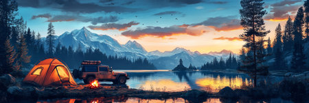 In a tranquil setting by a mountain lake, an off-road vehicle is parked beside a cozy tent at an overlanding camp, with a crackling campfire and smoke risingの素材