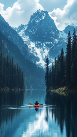 In this tranquil scene, a man paddles his kayak on a serene mountain lake, where the clear waters mirror snow capped peaks and dense pine forestsの素材