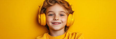 Cheerful boy with headphones in a colorful mockup, set against a bright yellow background, bannerの素材