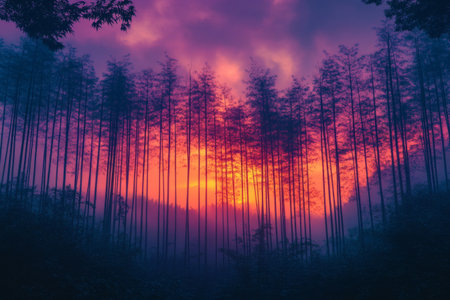 A quiet bamboo forest at twilight showcases tall, swaying stalks silhouetted against a deep purple and orange sky, creating a peaceful atmosphereの素材