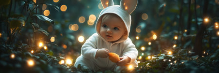 Sweet baby dressed as a white rabbit with a carrot plush, creating a charming whimsical scene in fantasy cosplayの素材