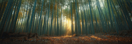 Experience the beauty of a bamboo forest at dawn, with slender stalks stretching skyward, soft sunlight illuminating the serene landscape and fallen leaves blanketing the forest floorの素材