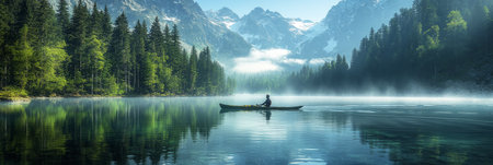 This idyllic landscape features a man sailing in a kayak on a calm mountain lake, surrounded by majestic snow capped peaks and vibrant pine forests, inviting explorationの素材